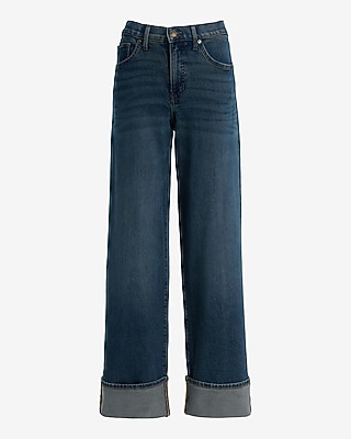 High Waisted Medium Wash Cuffed Wide Leg Jeans