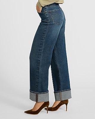 High Waisted Medium Wash Cuffed Wide Leg Jeans