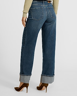 High Waisted Medium Wash Cuffed Wide Leg Jeans
