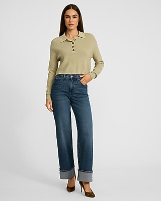 High Waisted Medium Wash Cuffed Wide Leg Jeans