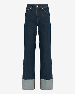High Waisted Dark Wash Cuffed Wide Leg Jeans