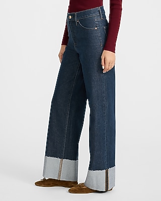High Waisted Dark Wash Cuffed Wide Leg Jeans