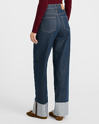 High Waisted Dark Wash Cuffed Wide Leg Jeans