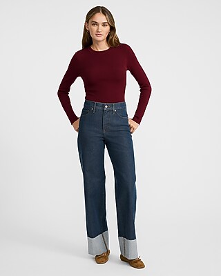 High Waisted Dark Wash Cuffed Wide Leg Jeans