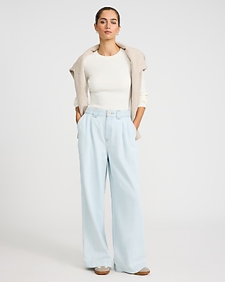 High Waisted Light Wash Pleated Relaxed Trouser Jeans
