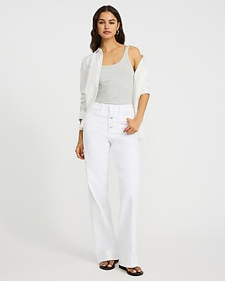 High Waisted White Tall Hem Wide Leg Jeans