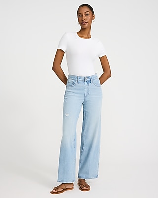 High Waisted Light Wash Wide Leg Ankle Jeans