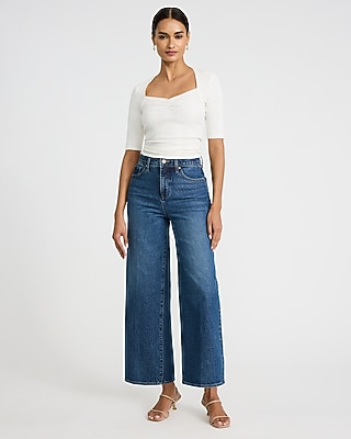 High Waisted Dark Wash Wide Leg Ankle Jeans