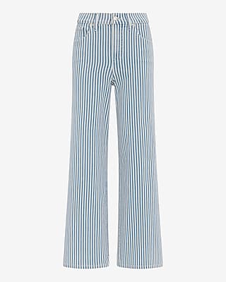 High Waisted Navy Stripe Wide Leg Ankle Jeans