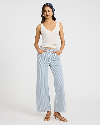 High Waisted Navy Stripe Wide Leg Ankle Jeans - image 5