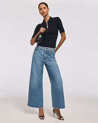 High Waisted Wide Leg Ankle Medium Wash Jeans | Express