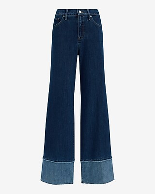 High Waisted Dark Wash Wide Leg Contrast Hem Jeans