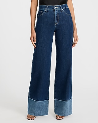 High Waisted Dark Wash Wide Leg Contrast Hem Jeans