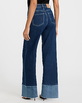 High Waisted Dark Wash Wide Leg Contrast Hem Jeans