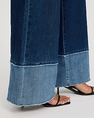 High Waisted Dark Wash Wide Leg Contrast Hem Jeans
