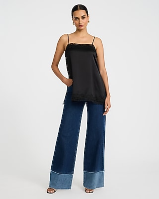 High Waisted Dark Wash Wide Leg Contrast Hem Jeans