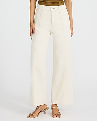 High Waisted Ivory Seamed Wide Leg Ankle Jeans