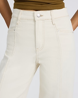 High Waisted Ivory Seamed Wide Leg Ankle Jeans