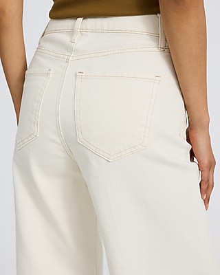 High Waisted Ivory Seamed Wide Leg Ankle Jeans