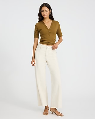 High Waisted Ivory Seamed Wide Leg Ankle Jeans
