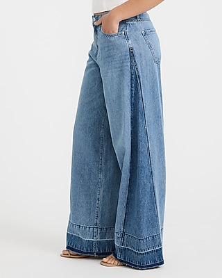 High Waisted Light Wash Released Hem Relaxed Wide Leg Jeans