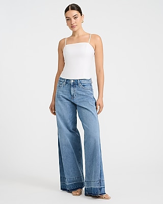High Waisted Light Wash Released Hem Relaxed Wide Leg Jeans