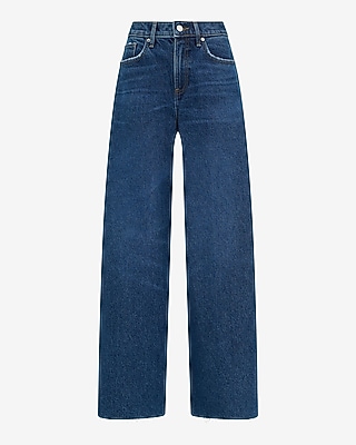 High Waisted Dark Wash Raw Hem Relaxed Wide Leg Jeans