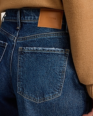 High Waisted Dark Wash Raw Hem Relaxed Wide Leg Jeans