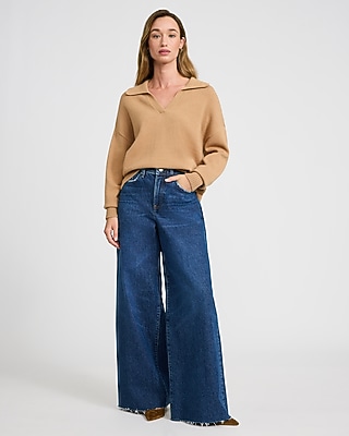 High Waisted Dark Wash Raw Hem Relaxed Wide Leg Jeans