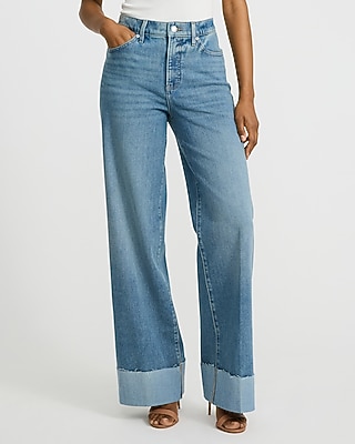 High Waisted Medium Wash Cuffed Wide Leg Jeans