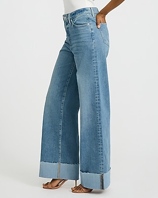 High Waisted Medium Wash Cuffed Wide Leg Jeans
