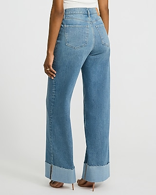 High Waisted Medium Wash Cuffed Wide Leg Jeans