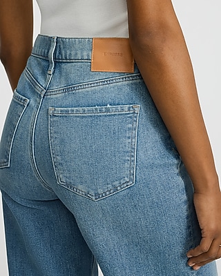 High Waisted Medium Wash Cuffed Wide Leg Jeans