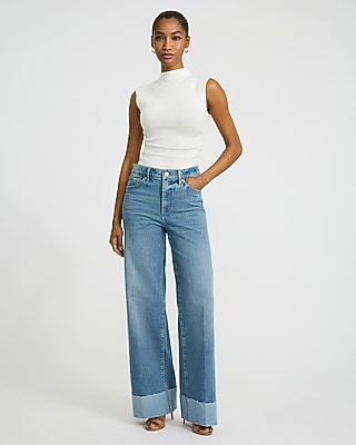 High Waisted Medium Wash Cuffed Wide Leg Jeans