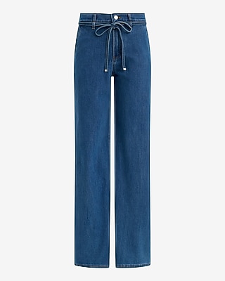 High Waisted Medium Wash Drawstring Wide Leg Jeans