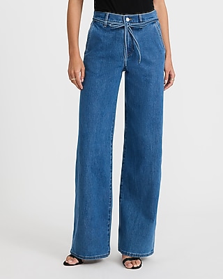 High Waisted Medium Wash Drawstring Wide Leg Jeans