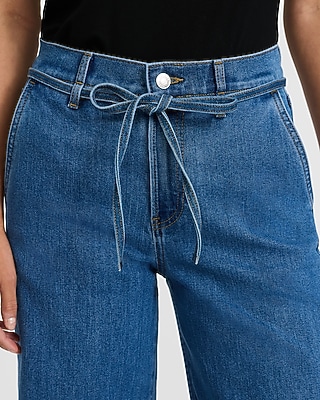 High Waisted Medium Wash Drawstring Wide Leg Jeans