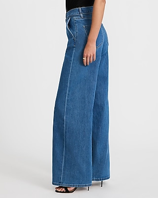 High Waisted Medium Wash Drawstring Wide Leg Jeans