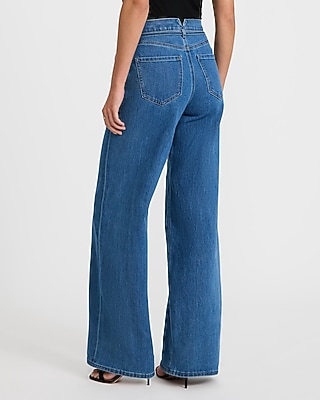 High Waisted Medium Wash Drawstring Wide Leg Jeans