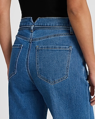 High Waisted Medium Wash Drawstring Wide Leg Jeans