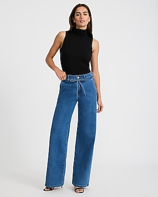 High Waisted Medium Wash Drawstring Wide Leg Jeans