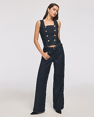 High Waisted Belted Wide Leg Dark Wash Rinse Jeans | Express