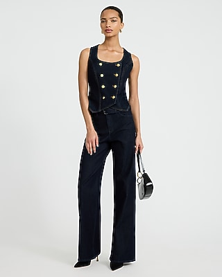 High Waisted Dark Wash Rinse Belted Wide Leg Jeans