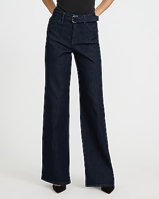 High Waisted Dark Wash Rinse Belted Wide Leg Jeans