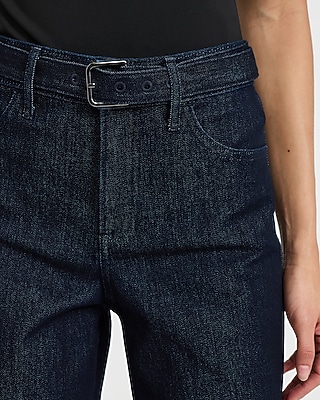 High Waisted Dark Wash Rinse Belted Wide Leg Jeans