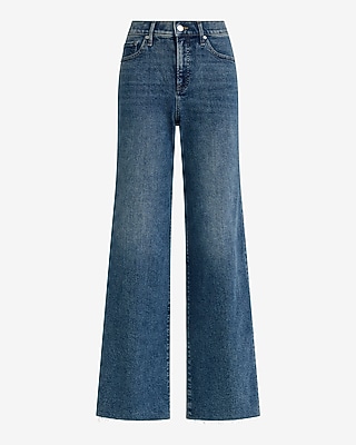 High Waisted Dark Wash Raw Hem Wide Leg Jeans