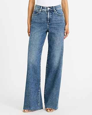 High Waisted Dark Wash Raw Hem Wide Leg Jeans
