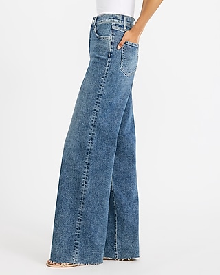 High Waisted Dark Wash Raw Hem Wide Leg Jeans
