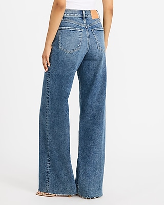 High Waisted Dark Wash Raw Hem Wide Leg Jeans