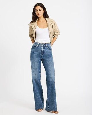 High Waisted Dark Wash Raw Hem Wide Leg Jeans